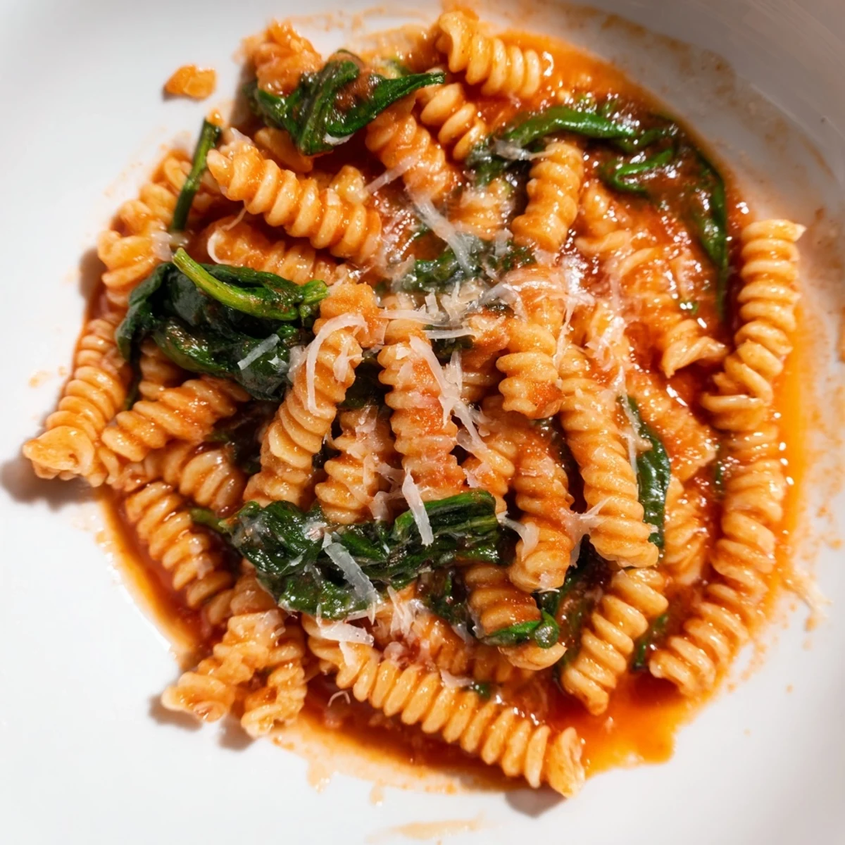 One-pot Tomato Spinach Rotini topped with Parmesan, steam rising from the vibrant red and green pasta.