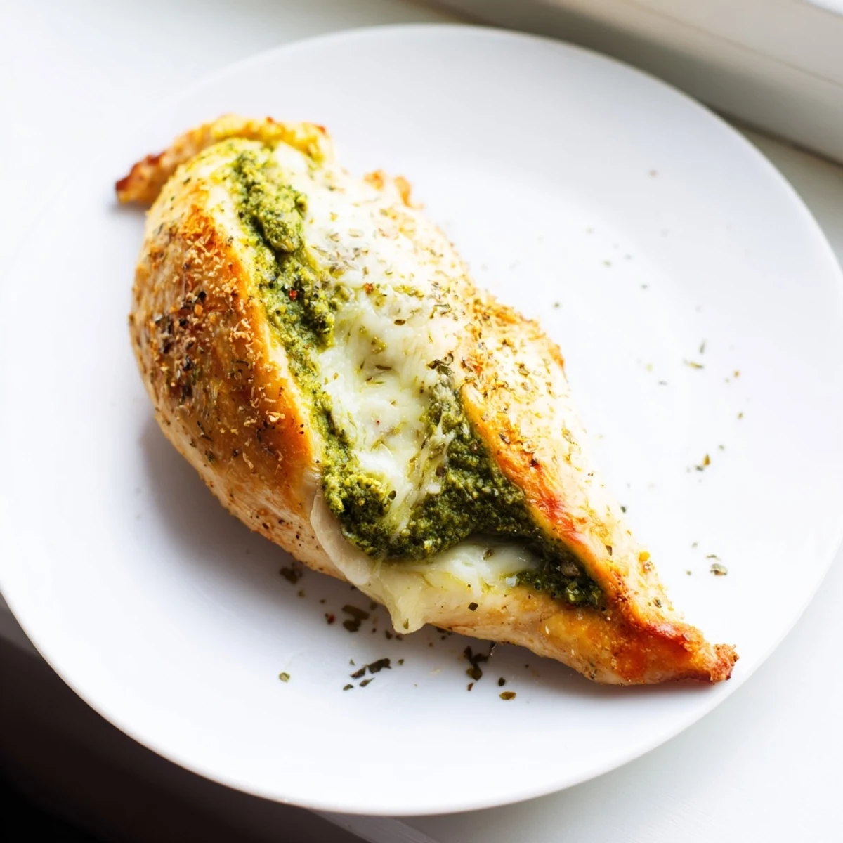 Juicy mozzarella & pesto stuffed chicken garnished with fresh basil, served alongside roasted vegetables for dinner.