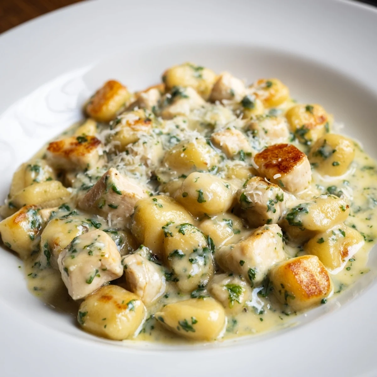 Savory Creamy Pesto Gnocchi with chicken in a skillet, steam rising from the rich, emerald sauce paired with extra Parmesan.