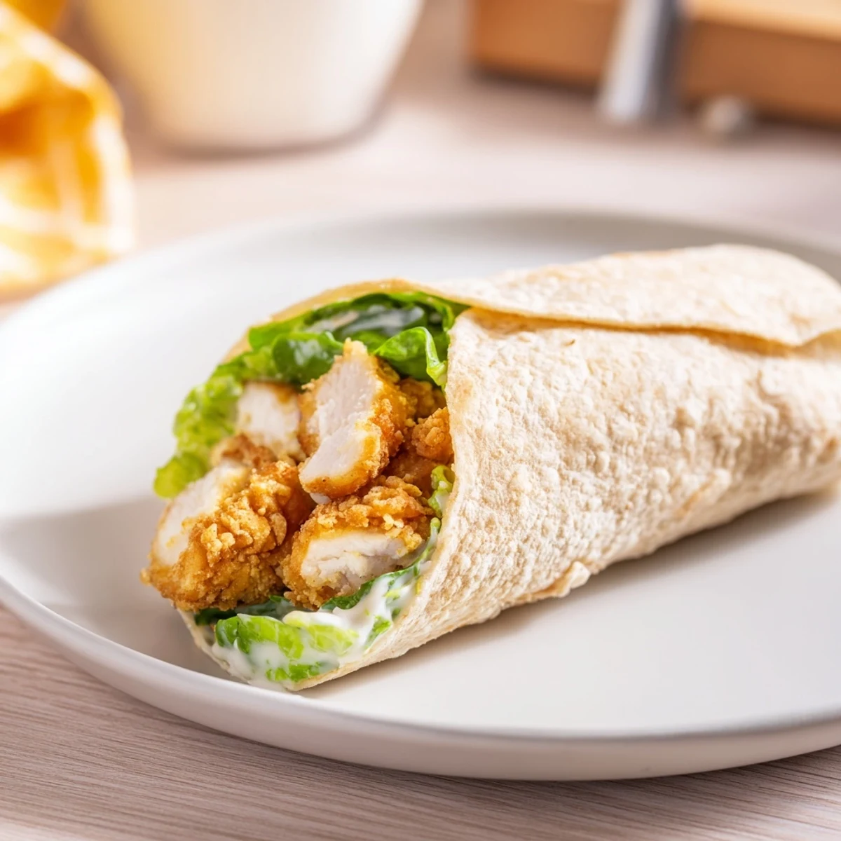 Golden crispy chicken strips, fresh romaine, and Parmesan cheese tucked into a soft flour tortilla, drizzled with creamy Caesar dressing in a close-up wrap photo.  