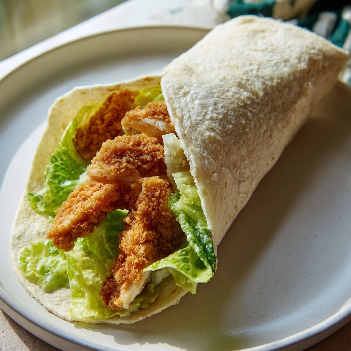 A freshly assembled Crispy Chicken Caesar Wrap on a wooden board, garnished with lemon wedges and extra Parmesan for a delicious lunch.