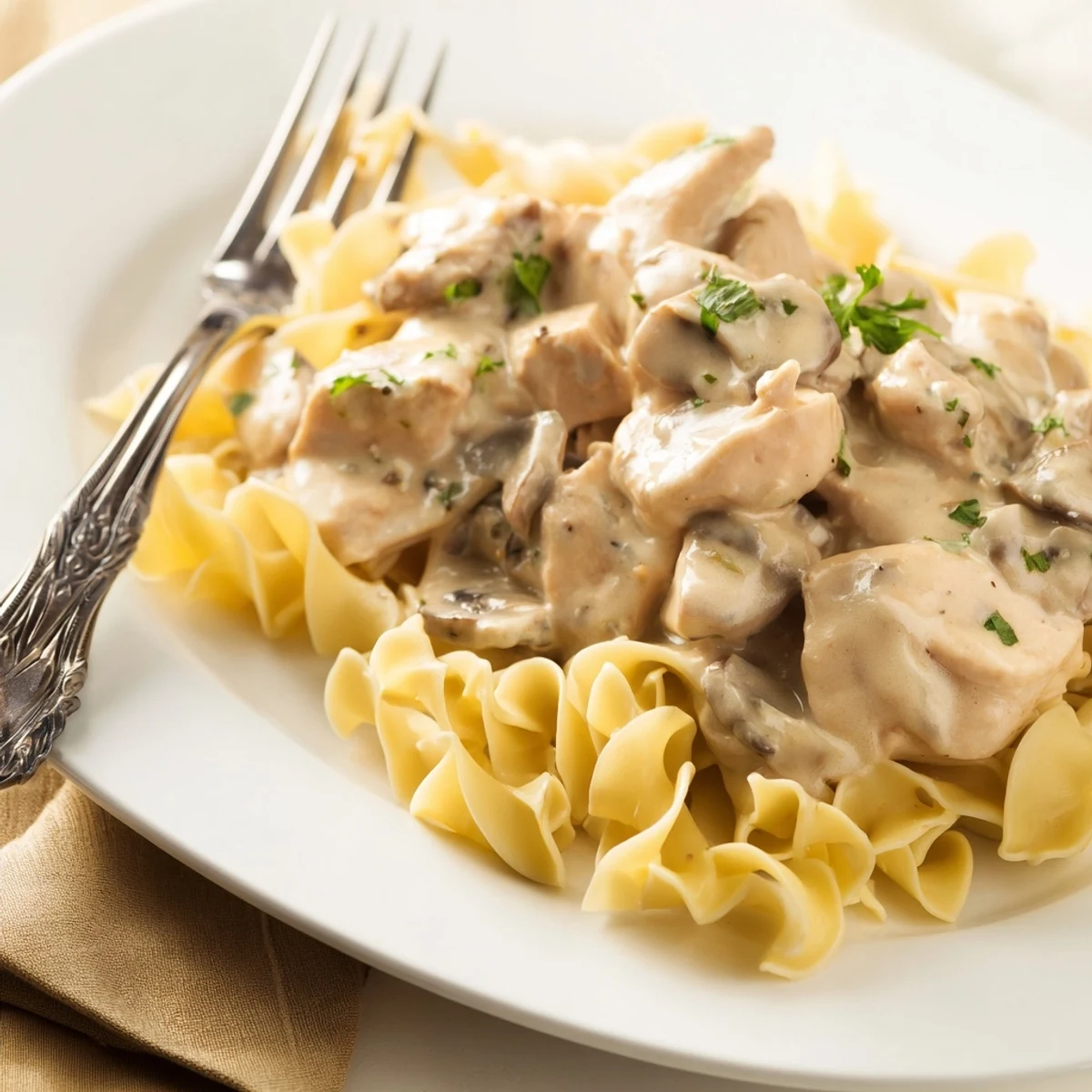 A close-up view of creamy Chicken and Mushroom Stroganoff served over buttery egg noodles, garnished with fresh parsley.  