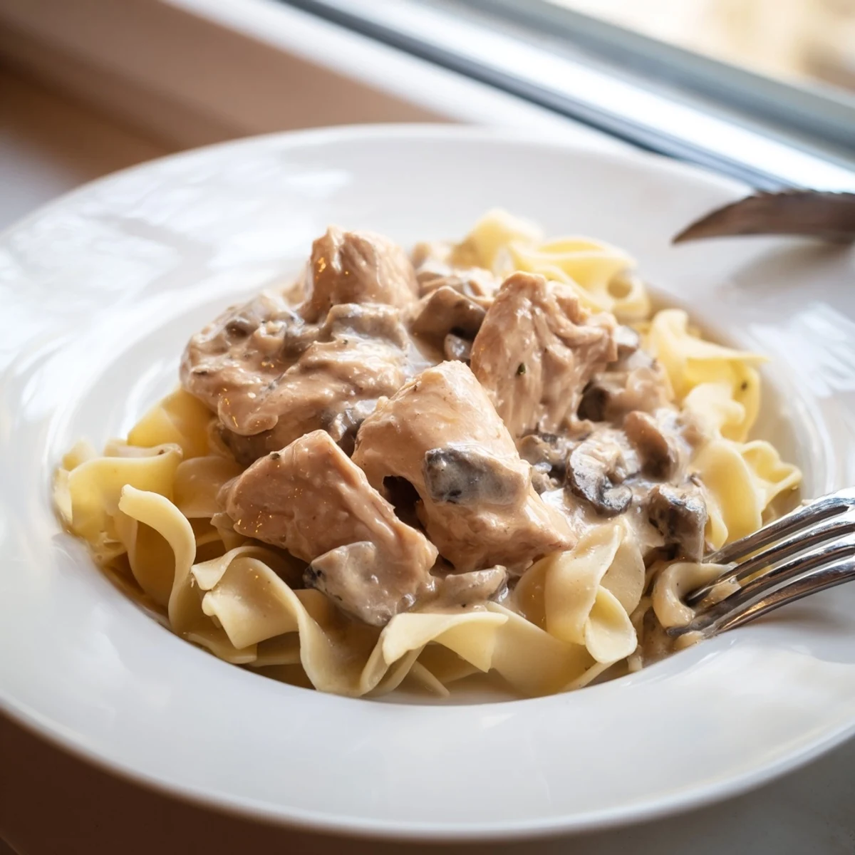 Hearty Chicken and Mushroom Stroganoff on a plate, featuring golden chicken, sautéed mushrooms, and a rich creamy sauce.