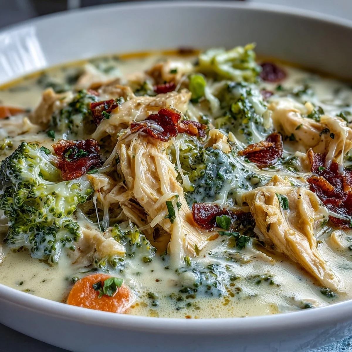 A steaming bowl of Chicken Broccoli Cheddar Soup garnished with fresh herbs and melted cheese.