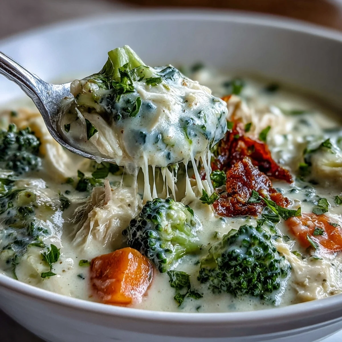 Chicken Broccoli Cheddar Soup in a rustic bowl, perfect for a cozy lunch with crusty bread on the side.