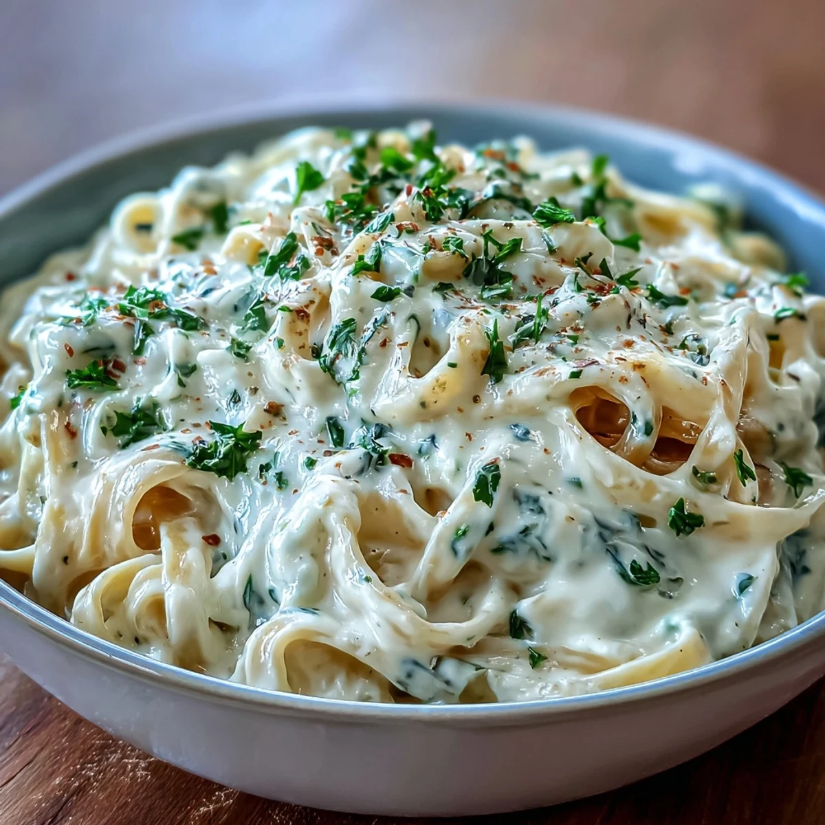 Freshly cooked fettuccine is generously coated in a light, velvety Easy Creamy Cauliflower Alfredo sauce, garnished with parsley and extra Parmesan.  