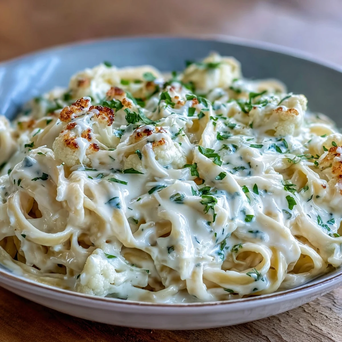 Close-up of Easy Creamy Cauliflower Alfredo served in a rustic bowl, topped with chopped parsley and grated cheese.