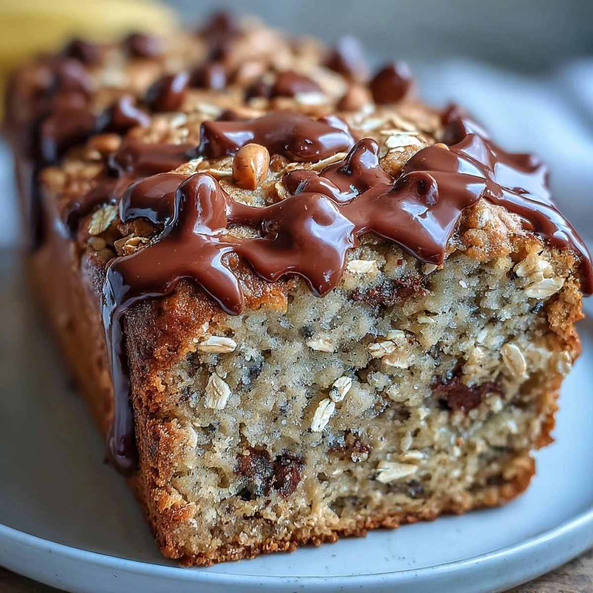 Thick slices of Chocolate Chip Peanut Butter Oatmeal Banana Bread on a wooden board, revealing moist crumbs and melted chocolate.  