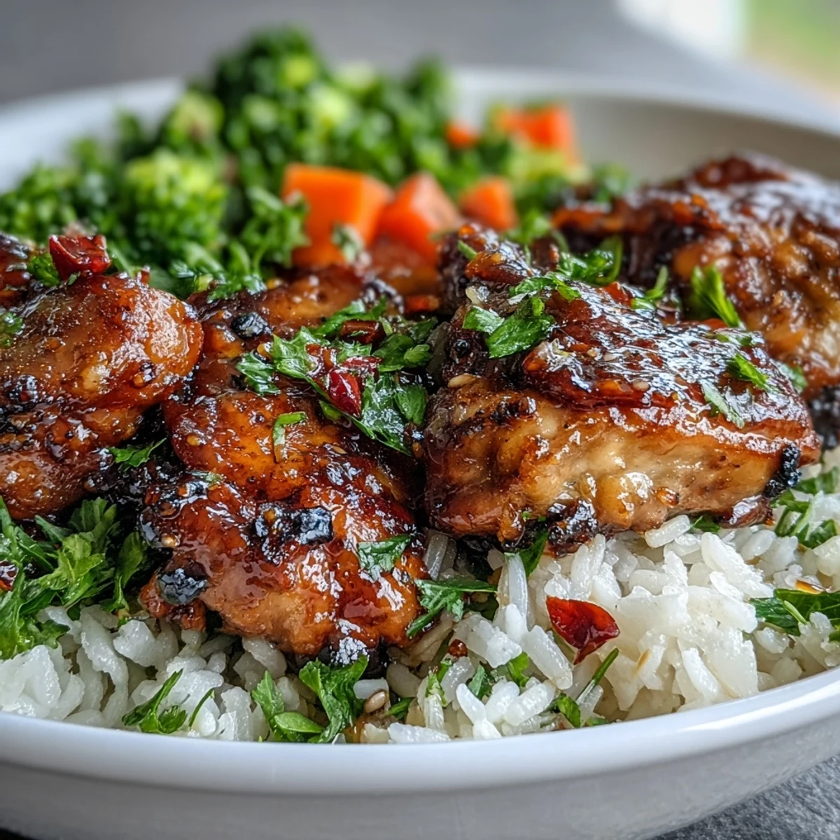 A close-up view of honey garlic chicken broccoli rice, showing steam rising from the savory rice and vegetables, perfect for a quick weeknight dinner.