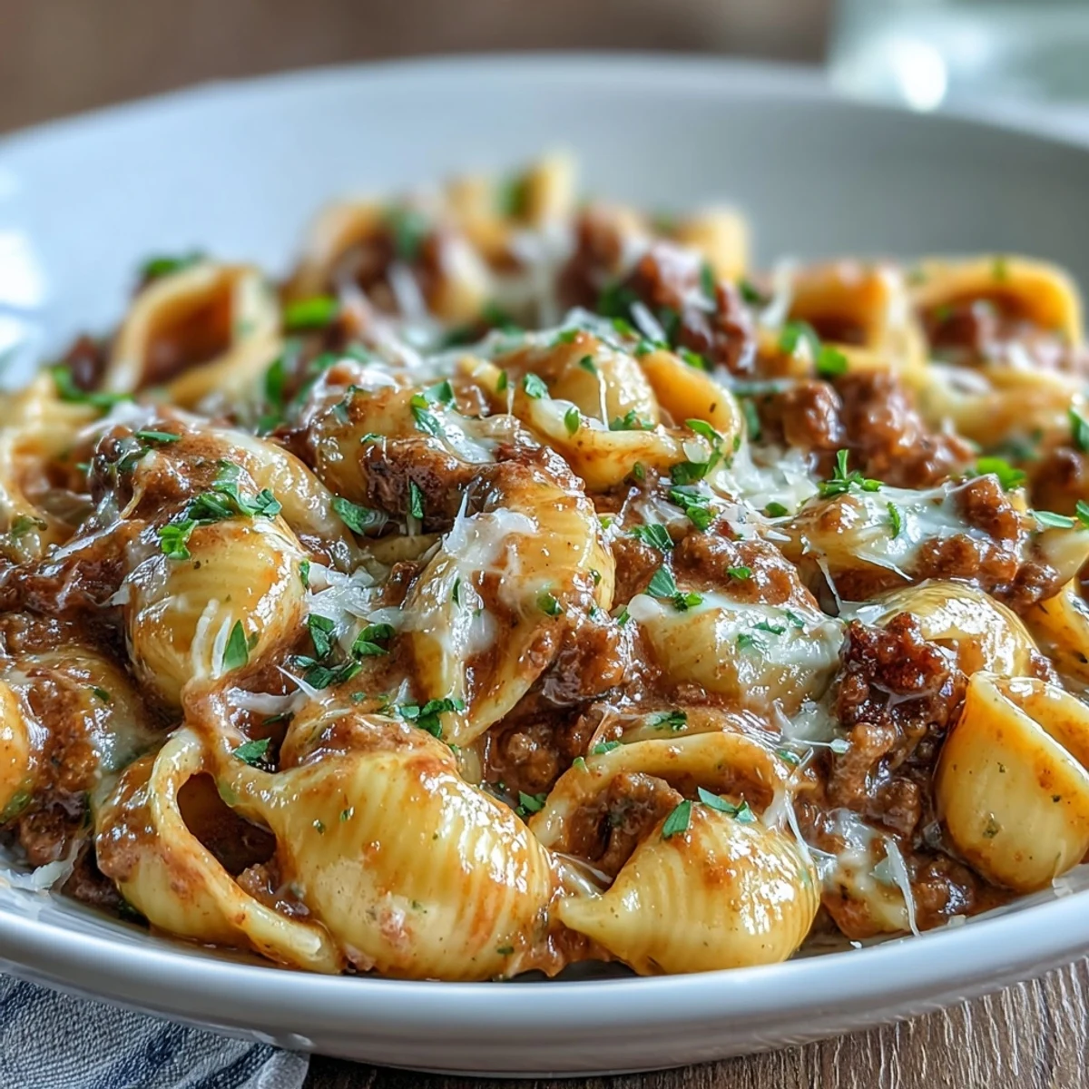 Steaming One Pot Creamy Beef and Shells in a skillet, featuring tender ground beef and pasta shells coated in a rich tomato cream sauce.