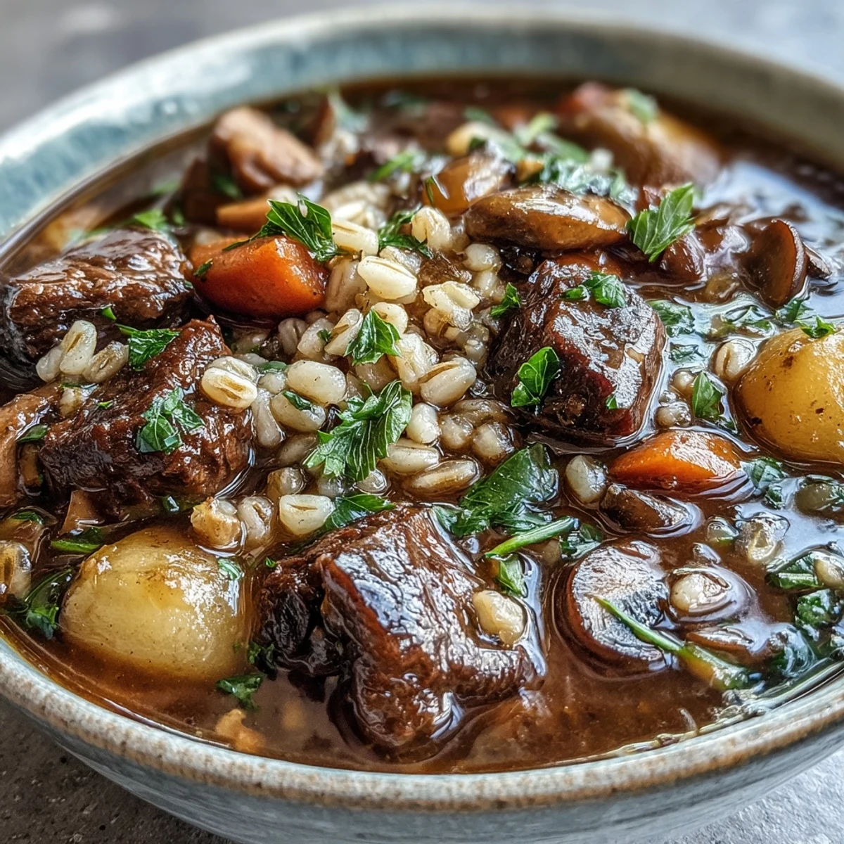 Hearty Beef and Barley Soup with tender beef chunks, carrots, and peas, simmered in a rich broth.