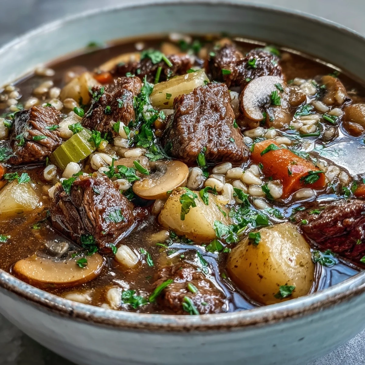 Steaming pot of Beef and Barley Soup featuring mushrooms, potatoes, and pearl barley in a rustic setting.