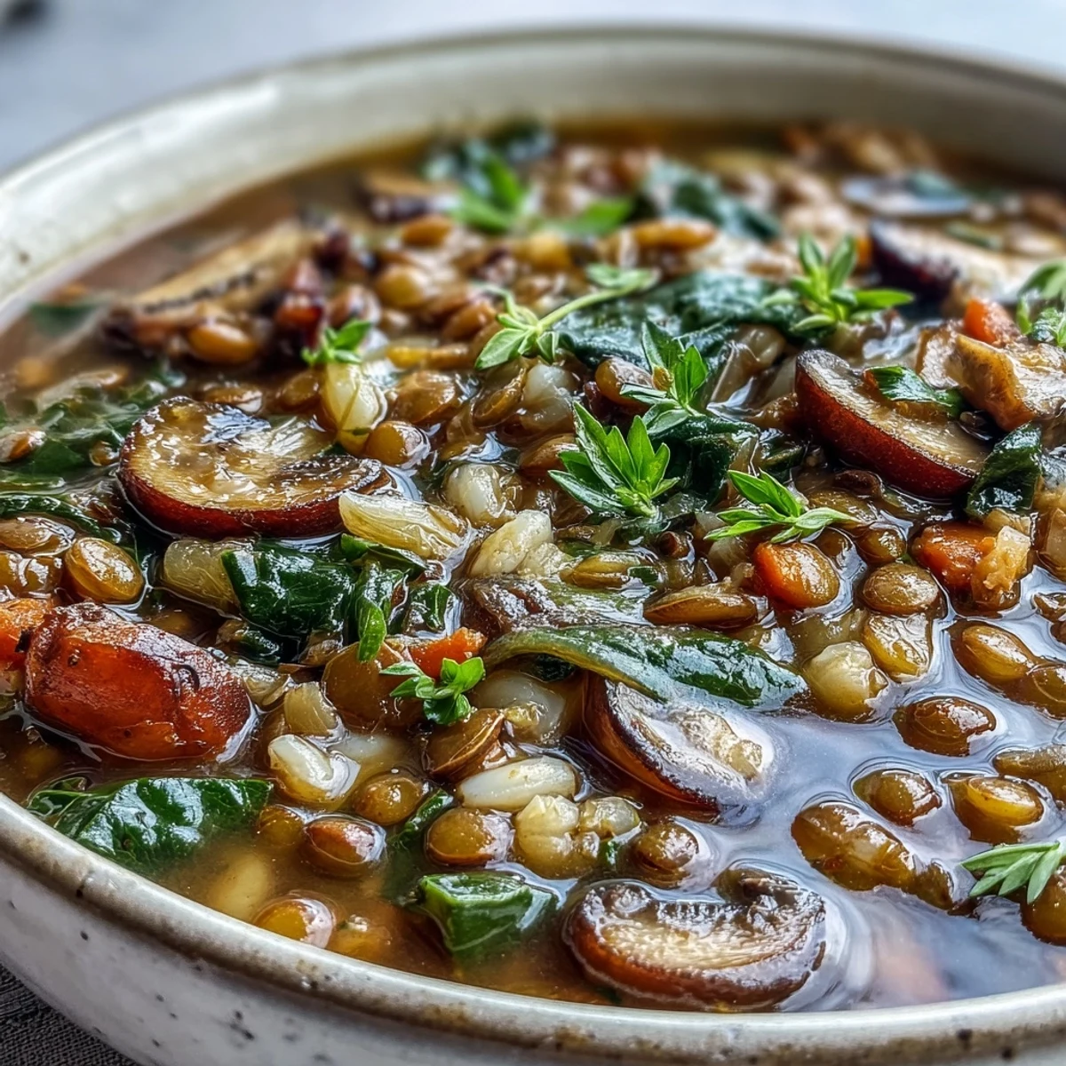 Creamy Double Lentil and Mushroom Barley Soup simmering in a rustic pot with fresh parsley garnish.