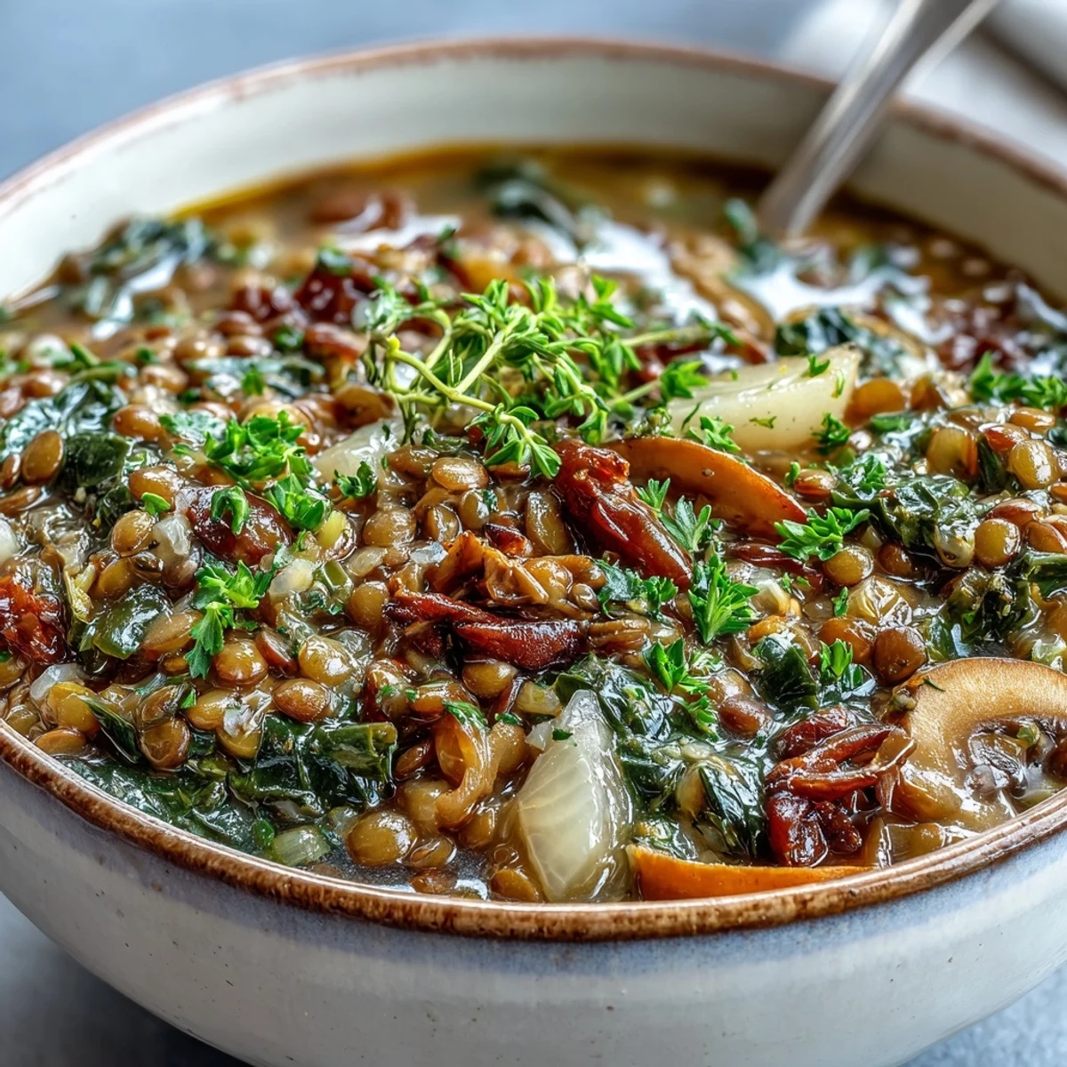 Savory Double Lentil and Mushroom Barley Soup topped with fresh collard greens and smoked paprika.