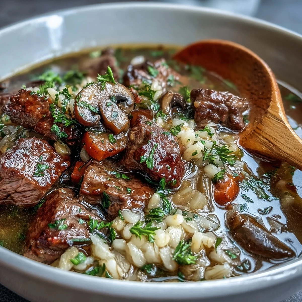Hearty Beef and Barley Soup with Mushrooms simmering in a Dutch oven with fresh parsley garnish.