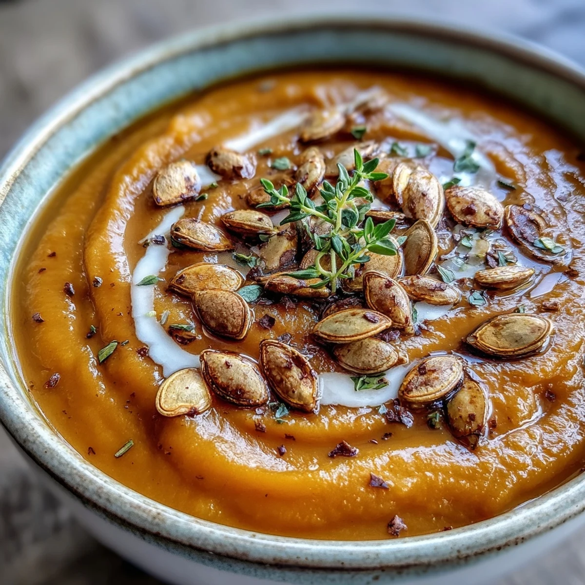 Close-up of a bowl of Roasted Butternut Squash Soup, garnished with toasted pumpkin seeds and fresh thyme, perfect for a cozy meal.