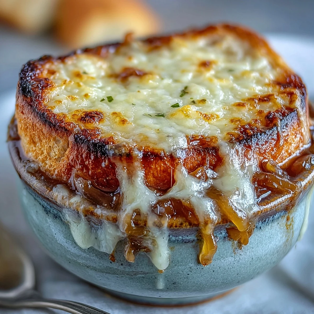 A steaming bowl of Classic French Onion Soup features caramelized onions and a crusty bread topping.