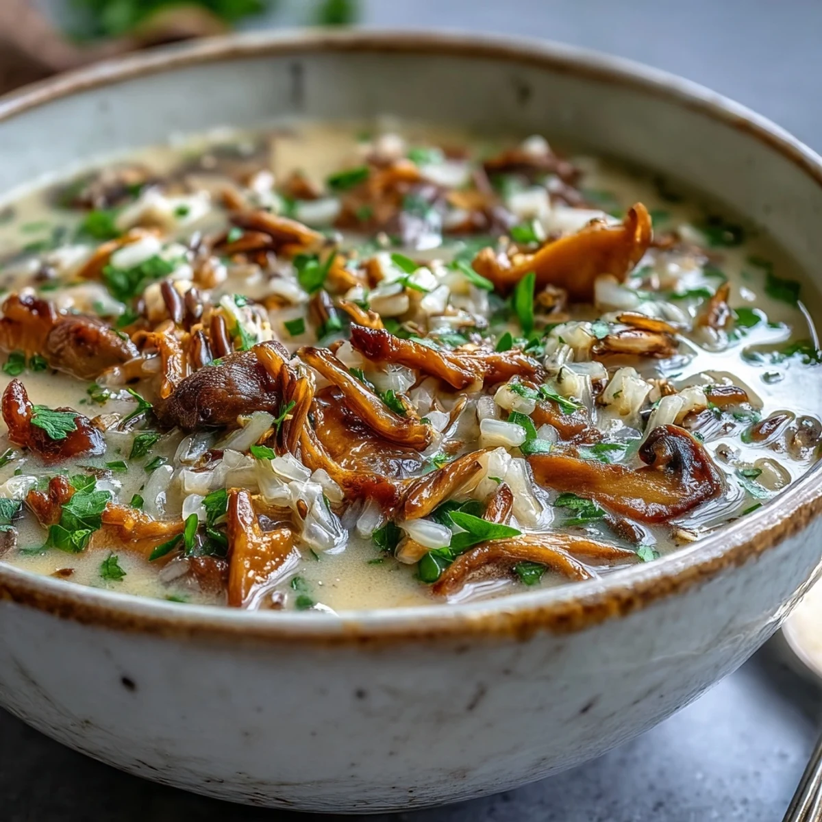 A close-up bowl of creamy Wild Rice Mushroom Soup with tender grains, sautéed mushrooms, and fresh parsley garnish, ready to serve.