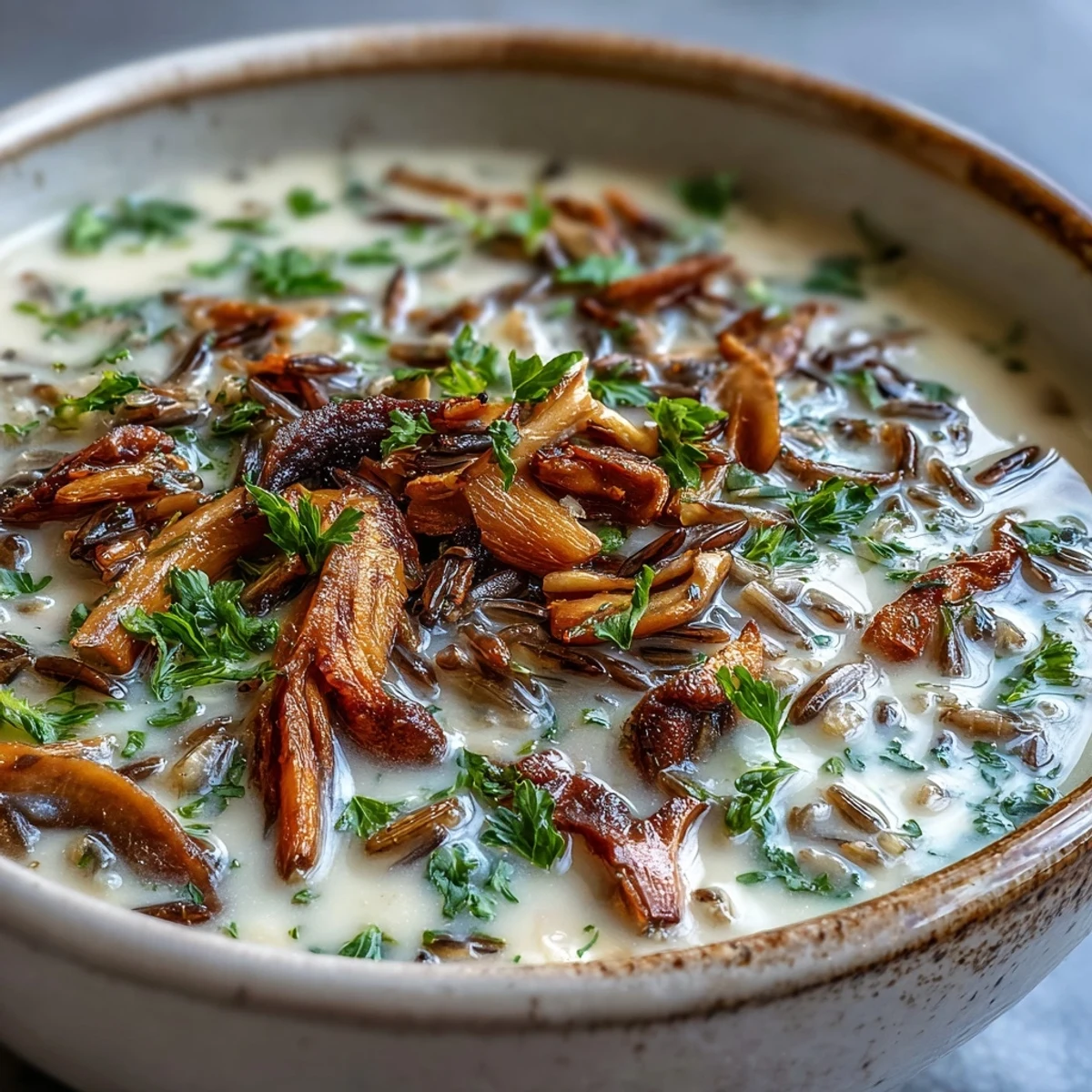 Comforting Wild Rice Mushroom Soup in a rustic pot, featuring creamy texture and aromatic herbs like thyme and rosemary.
