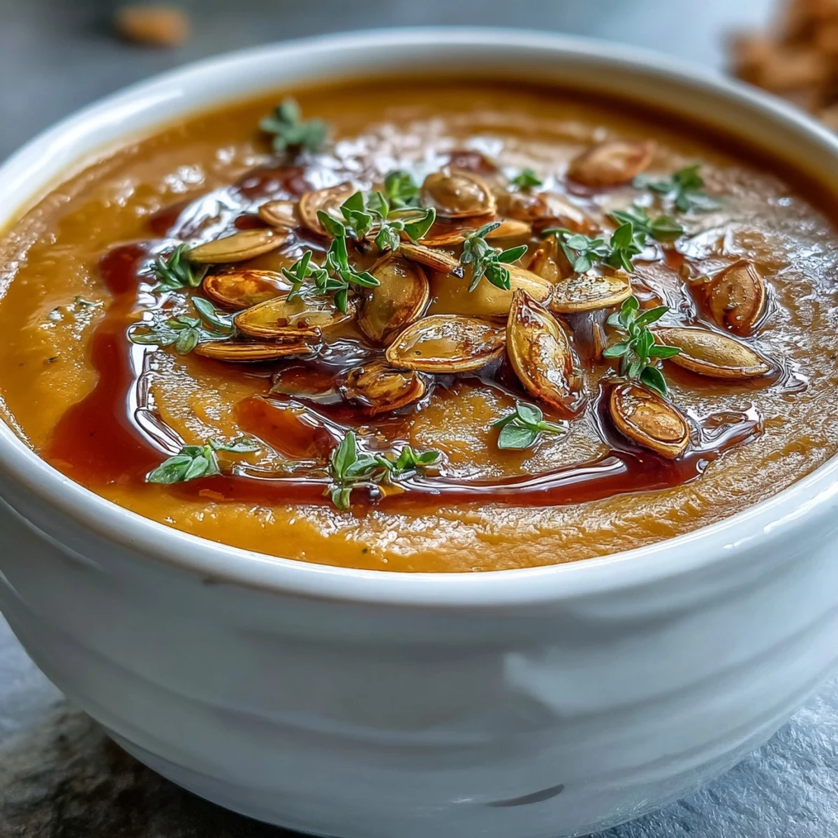 Roasted cubes of Butternut Squash Soup in a white bowl with a maple drizzle and thyme garnish.