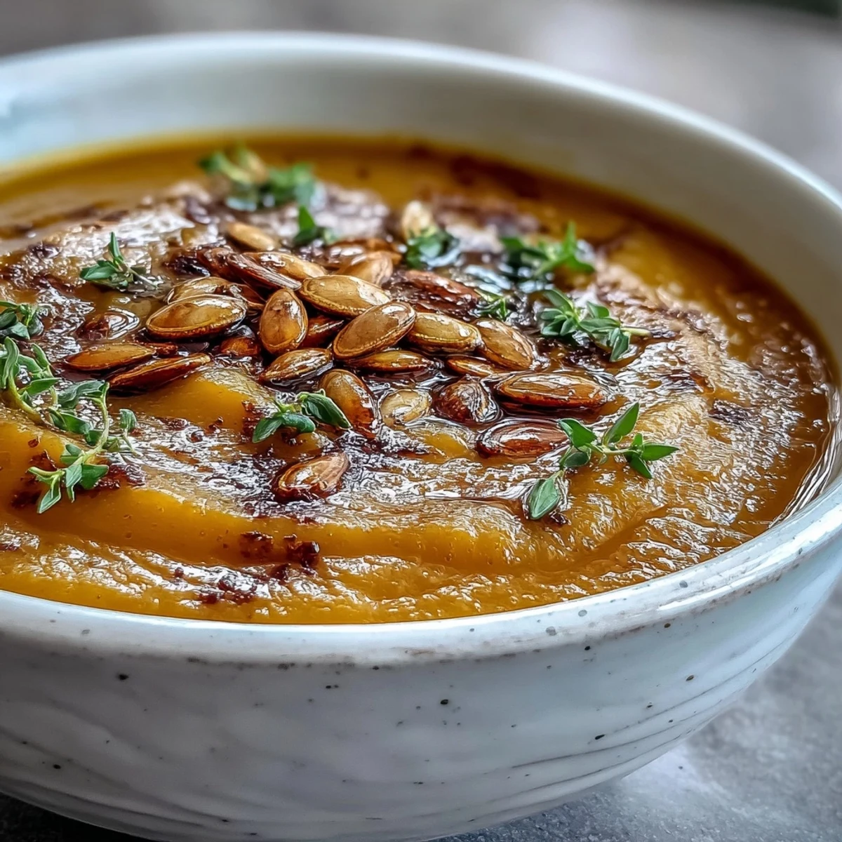 Creamy Butternut Squash Soup with toasted pumpkin seeds in a rustic bowl beside a slice of crusty bread.