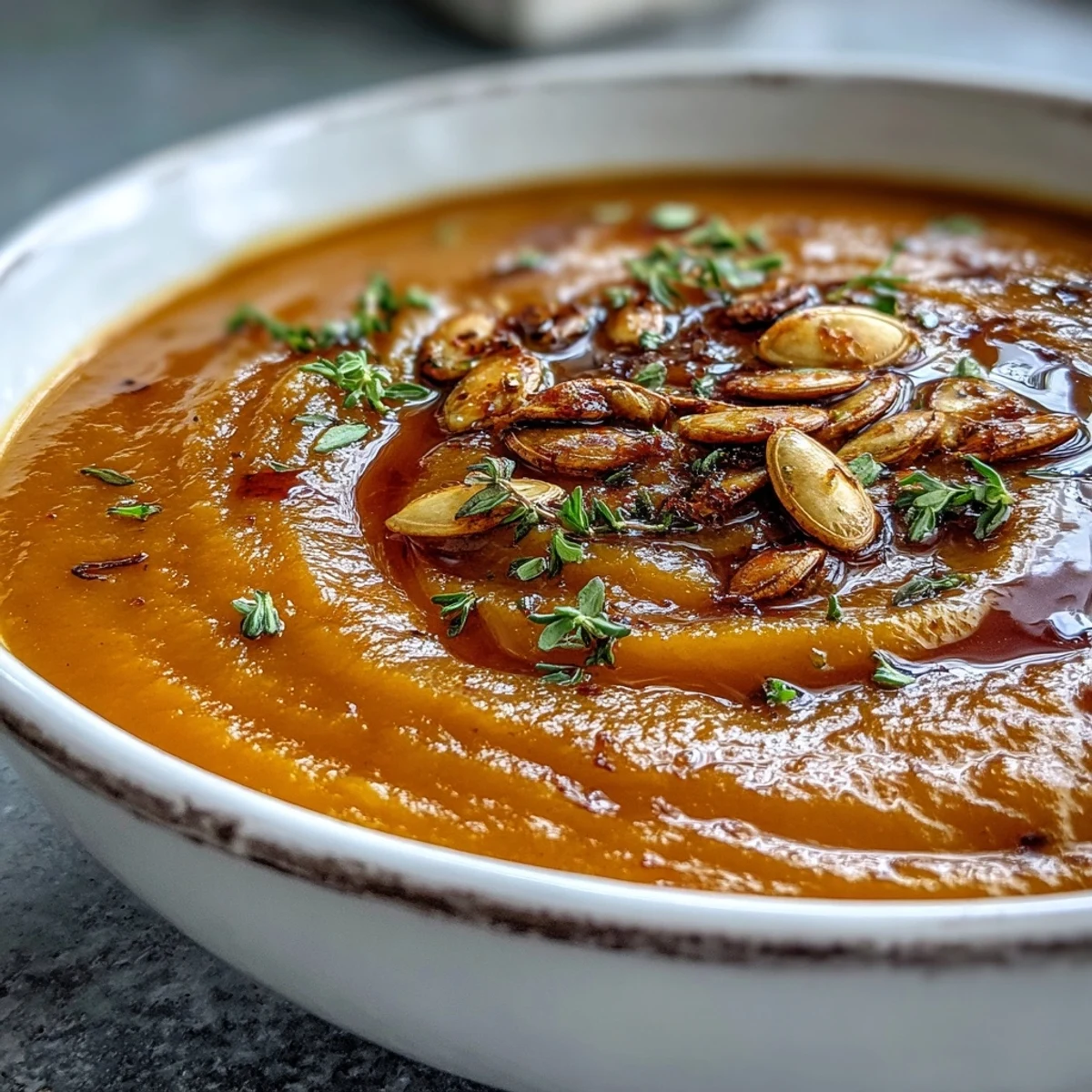 Golden roasted Butternut Squash Soup in a rustic bowl, garnished with fresh thyme and a swirl of cream.