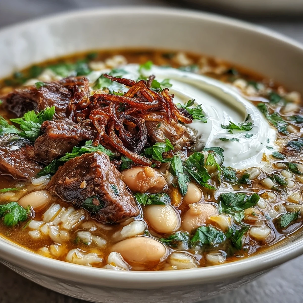 A bowl of hearty beef barley soup topped with a swirl of sour cream and crispy mint-fried onions.