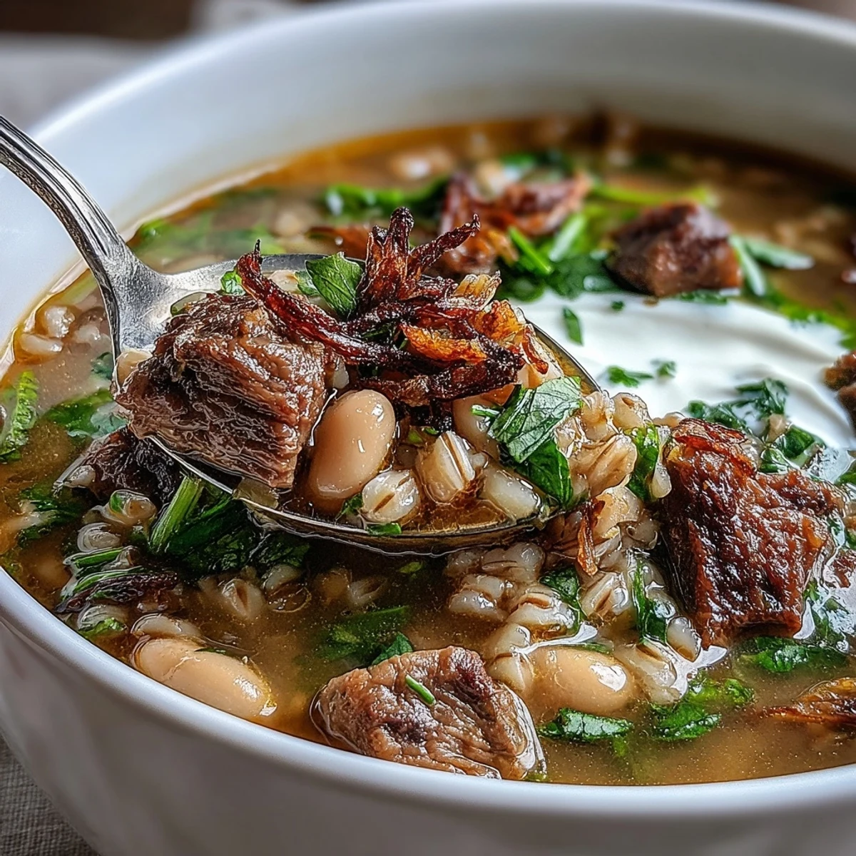 Close-up of aromatic Persian beef barley soup with mint-fried onions and a dollop of sour cream.