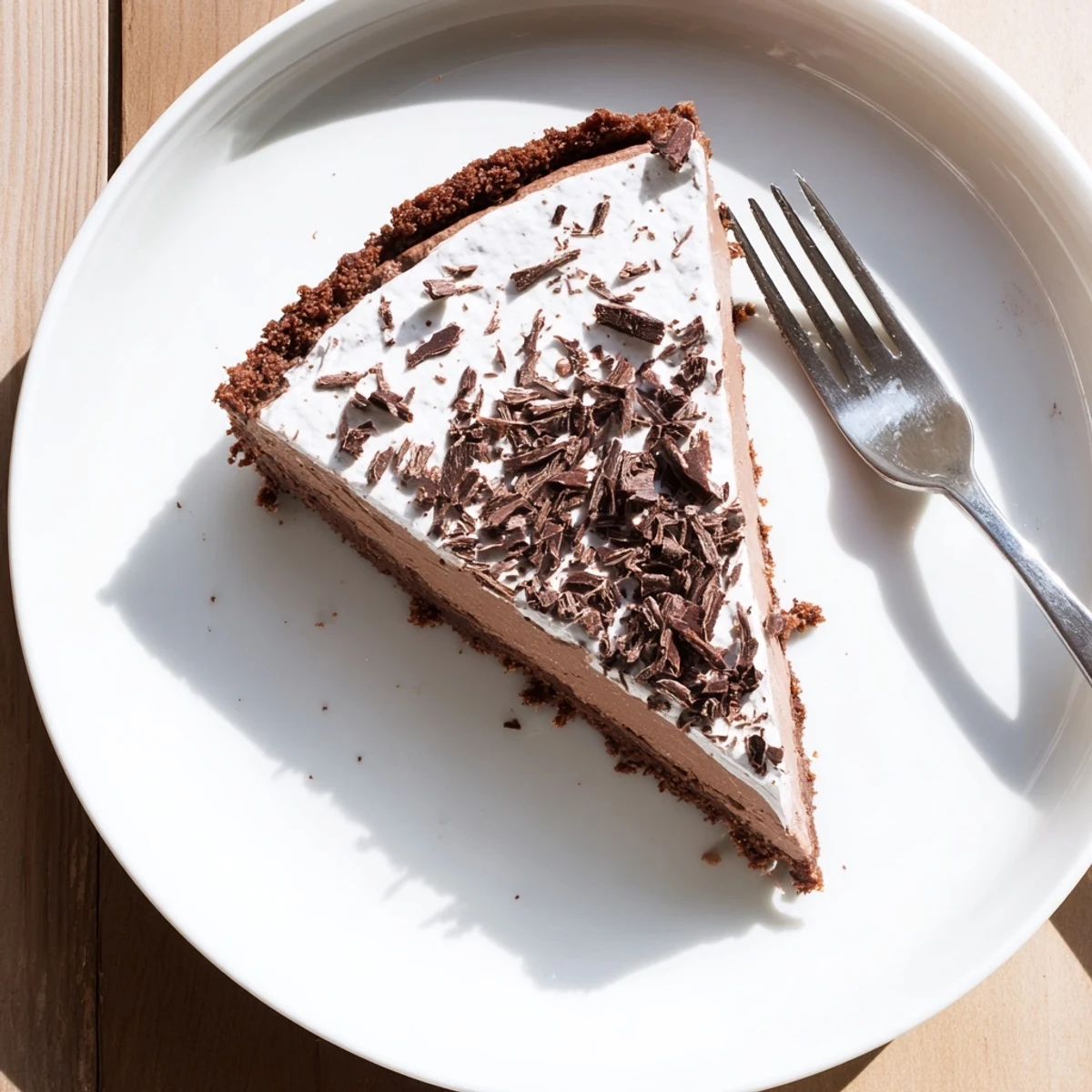 A close-up of the Lighter Chocolate Cottage Cheese Cheesecake highlights its smooth texture and slightly wobbly center, paired with fresh berries for a vibrant dessert.  
