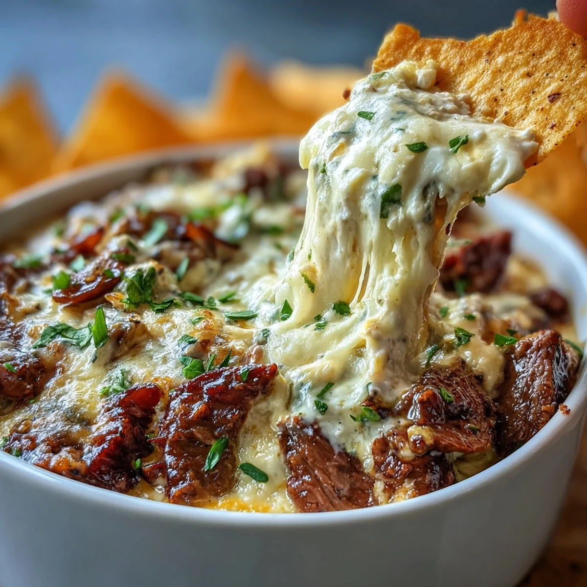 Bubbling, golden-brown Philly Cheesesteak Dip garnished with fresh parsley, ready for dipping with sturdy tortilla chips.