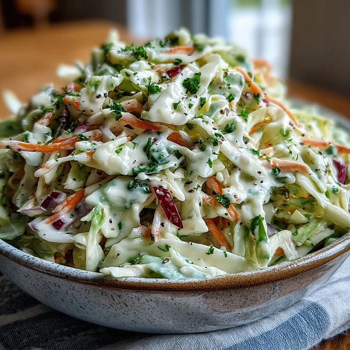 Freshly tossed Creamy Coleslaw With Creamy Dressing in a bowl, featuring crisp green and red cabbage shreds with bright orange carrot ribbons.