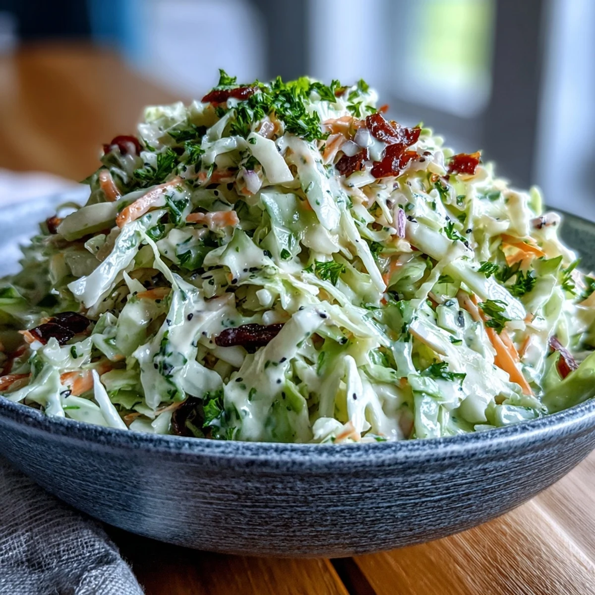A chilled bowl of Creamy Coleslaw With Creamy Dressing, served as a refreshing side dish at a summer barbecue picnic table.