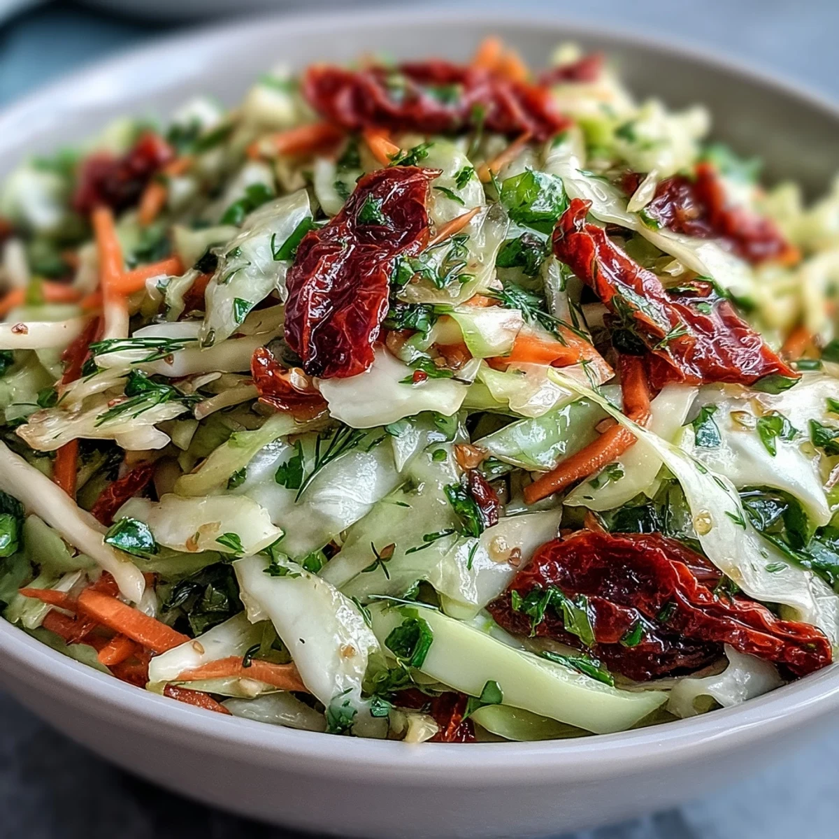 Freshly tossed Cabbage Salad With Sundried Tomatoes showcases vibrant red and green cabbage, julienned carrots, and sweet sun-dried tomatoes in a herby dressing.