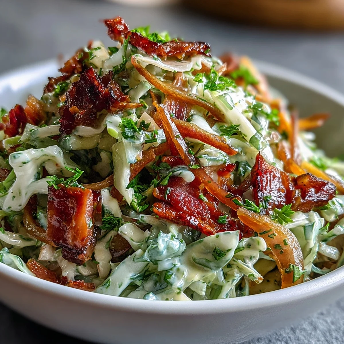Close-up of German Cabbage Coleslaw with Shredded Ham, featuring crisp green and red cabbage mixed with tender smoked ham, grated carrots, and red onion slices. 