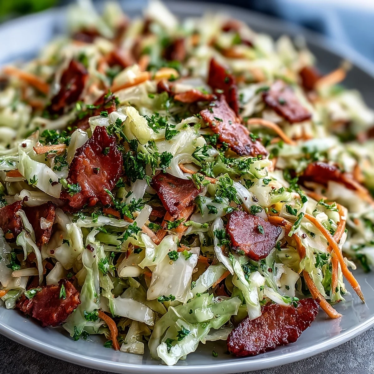 Fresh German Cabbage Coleslaw with Shredded Ham served as a hearty salad side dish with colorful vegetables and a visible light dressing coating.