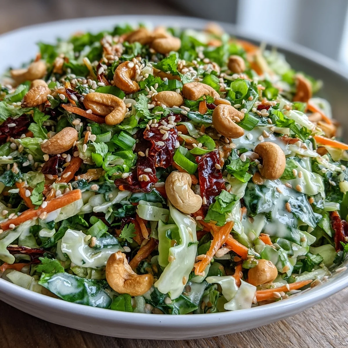Vibrant Asian Cabbage Salad tossed in a sesame-ginger dressing with crunchy cashews and fresh cilantro.