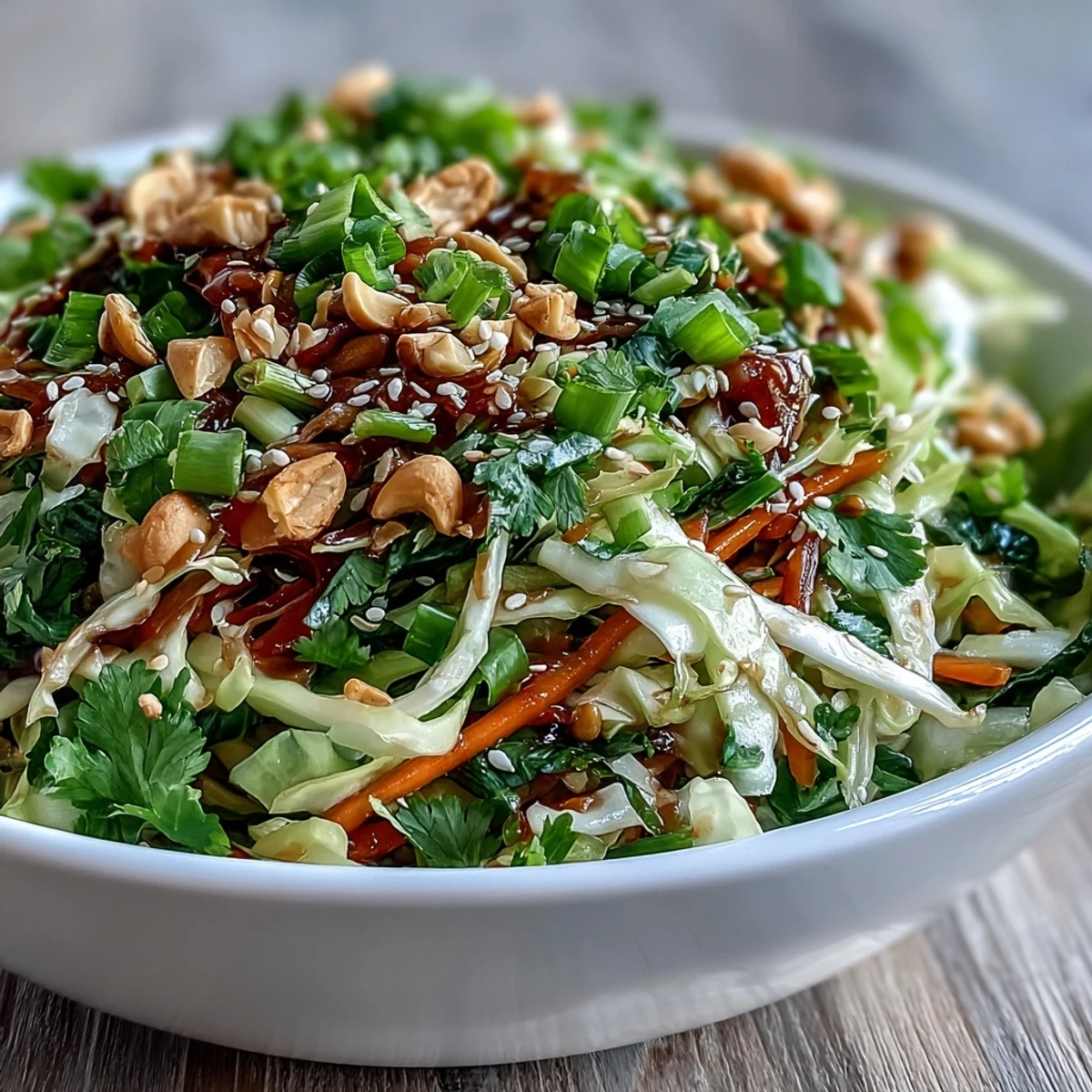 Julienned carrots and toasted sesame seeds garnish this crisp Asian Cabbage Salad, served as a vegan side dish.