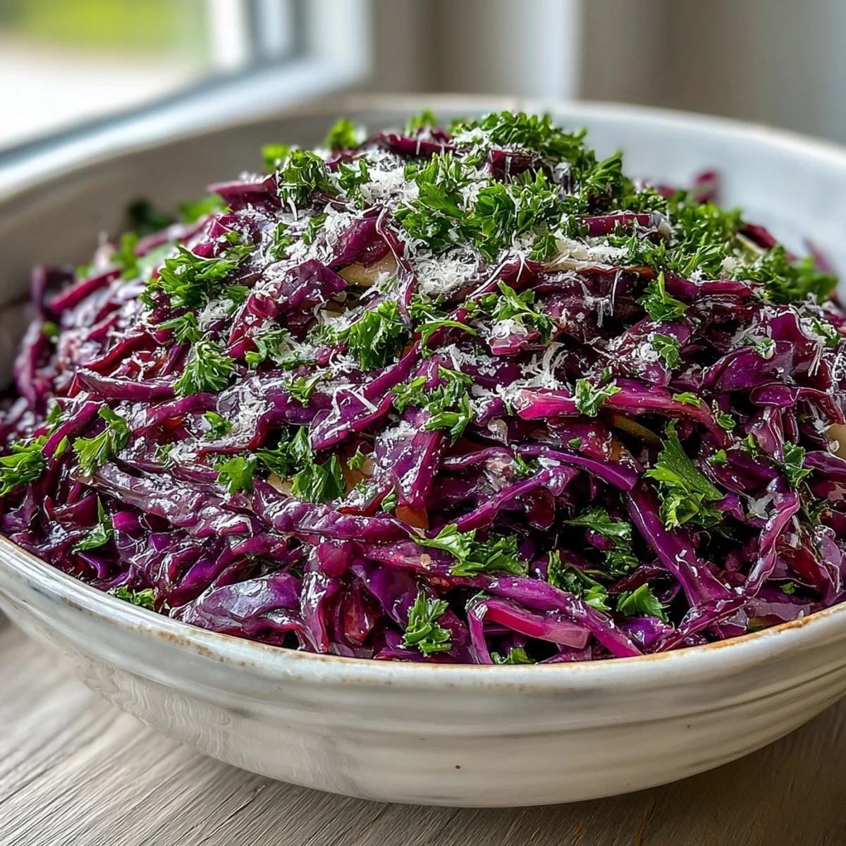 Bright purple Red Cabbage Coleslaw With Apple and Parmesan topped with shaved cheese, a tangy dressing, and fresh parsley garnish on a white plate.