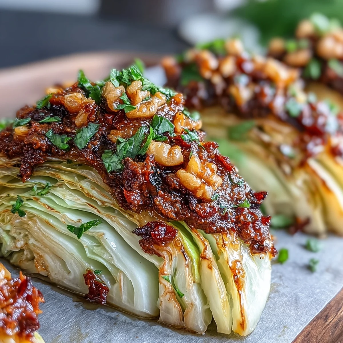 Golden roasted cabbage wedges arranged on a platter, topped with a bold red romesco sauce and fresh parsley garnish.