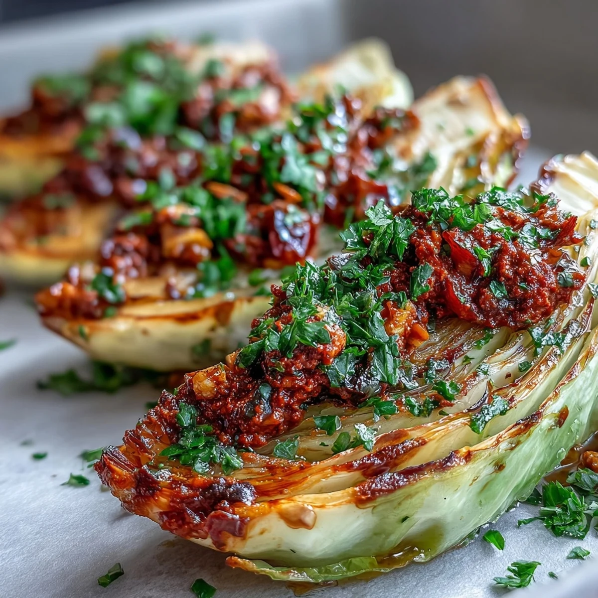 Close-up photo of caramelized cabbage wedges drizzled with nutty romesco sauce, perfect for a cozy gluten-free side dish.