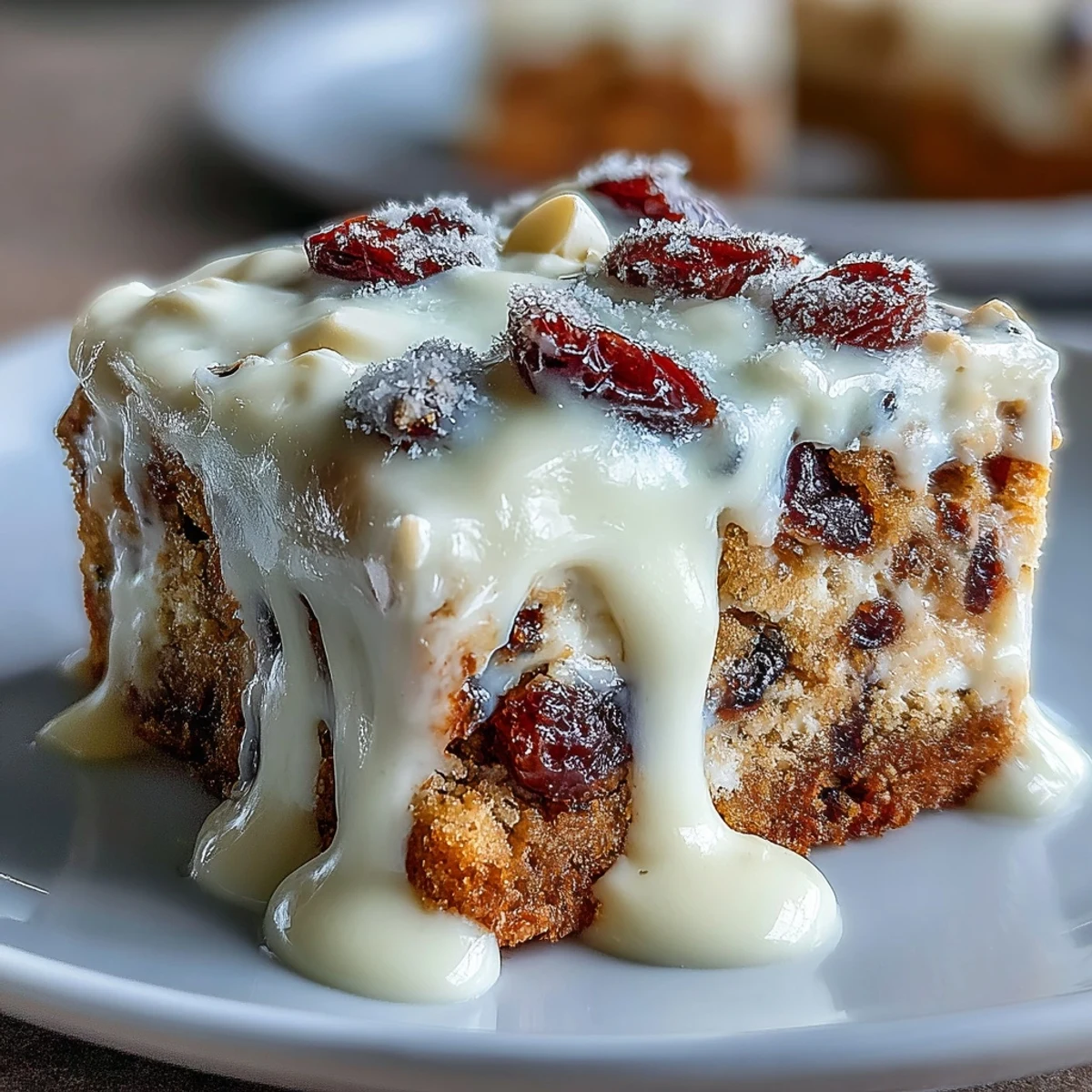 Cranberry Bliss Bars on a white plate topped with orange zest and chopped cranberries for garnish.