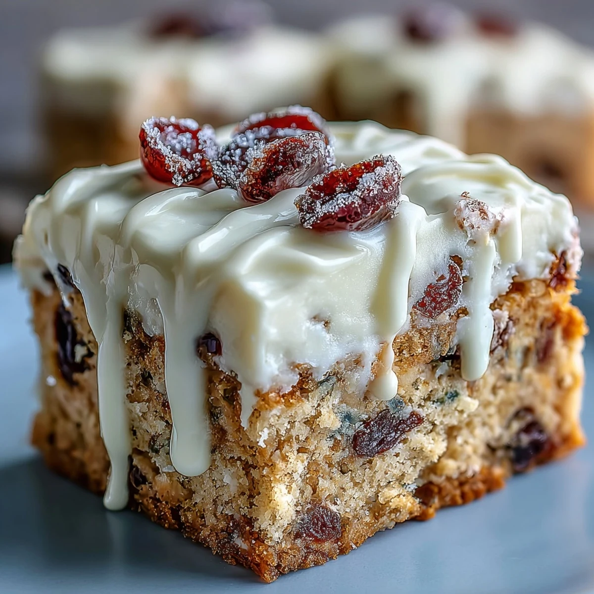 Freshly baked Cranberry Bliss Bars with creamy orange frosting and white chocolate drizzle on a rustic plate.