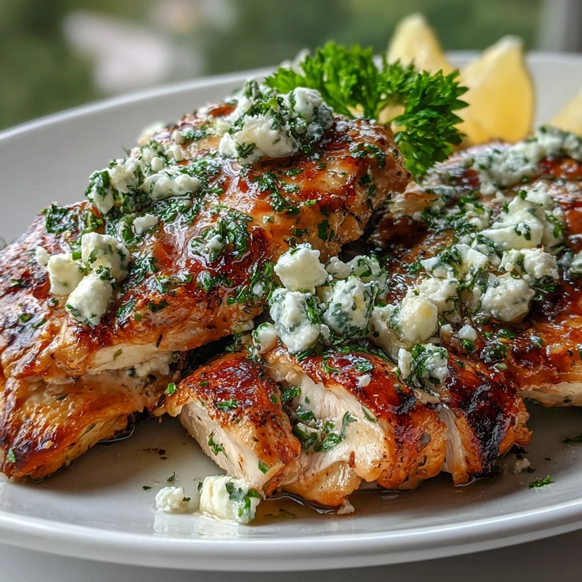 Close-up of juicy Greek Chicken with Lemon and Feta topped with crumbled feta and fresh herbs.