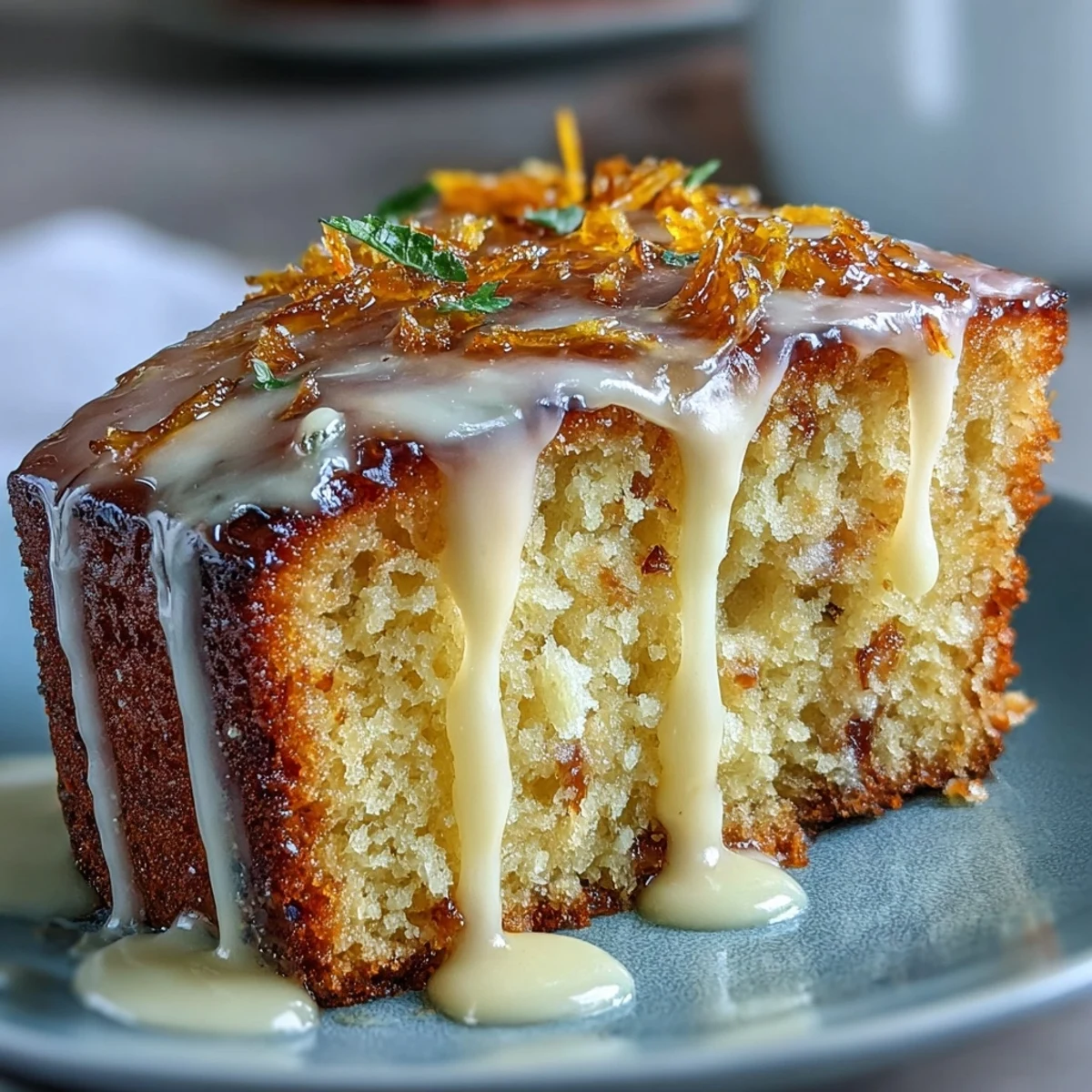 Freshly baked Heavenly Blood Orange Yogurt Cake shows a moist crumb and a glossy citrus icing drizzle on a cooling rack.