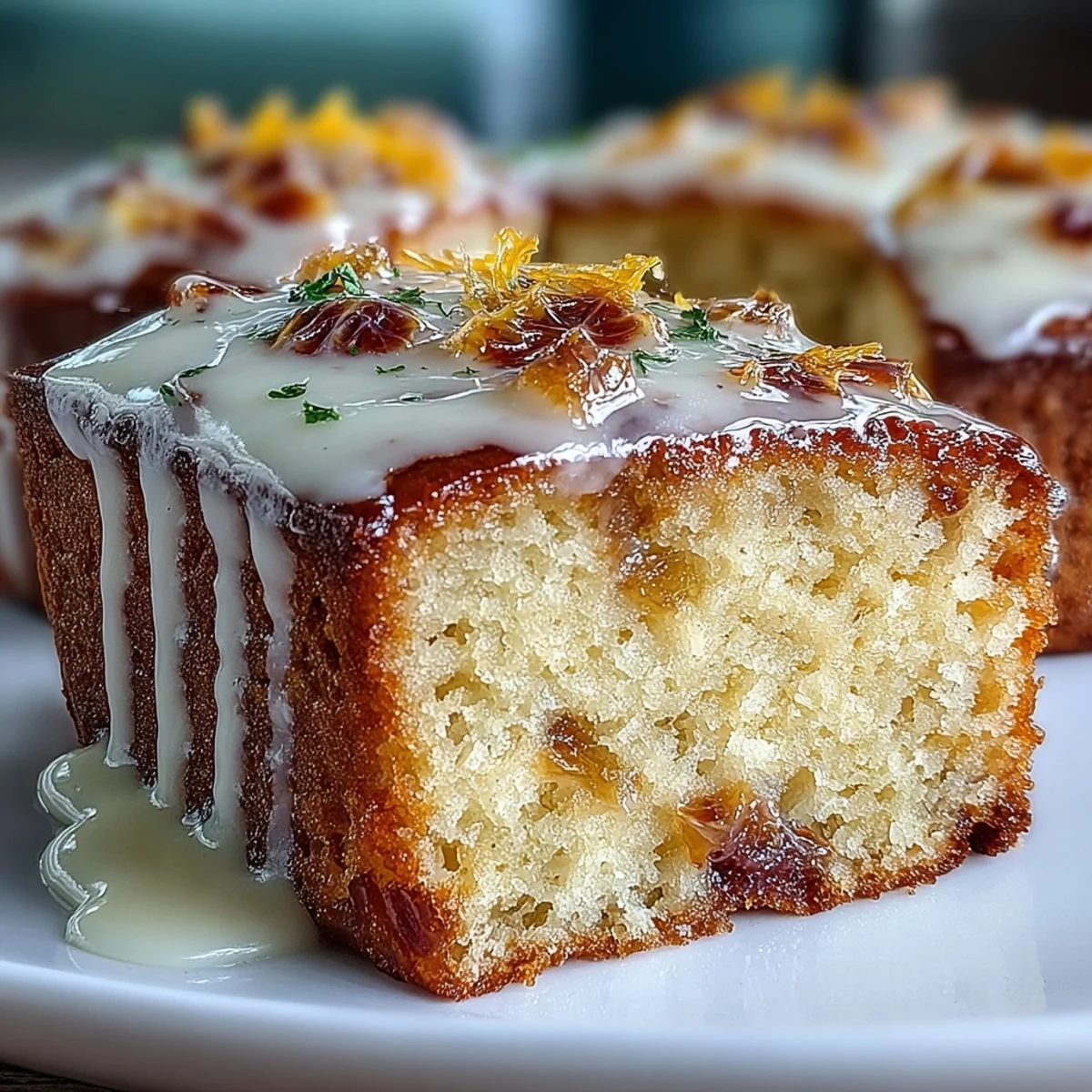 Glazed Heavenly Blood Orange Yogurt Cake on a white plate with a cup of coffee, ideal for a bright American dessert.