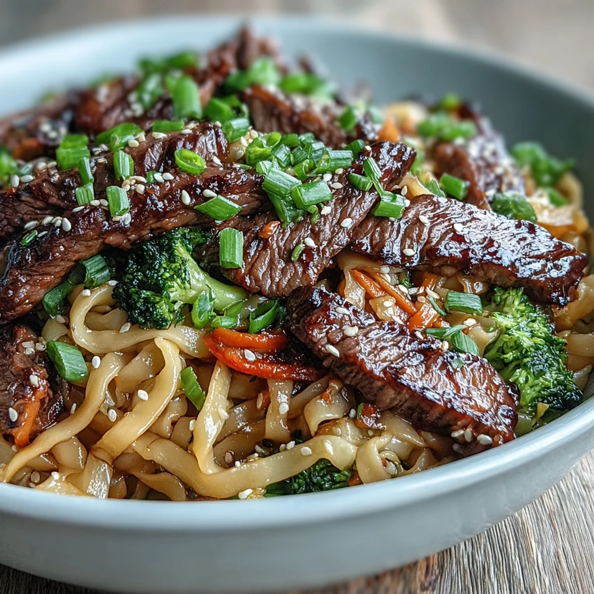 Steaming Korean Beef Noodles in a glossy brown sauce are tossed with tender flank steak and crisp broccoli in a wok.