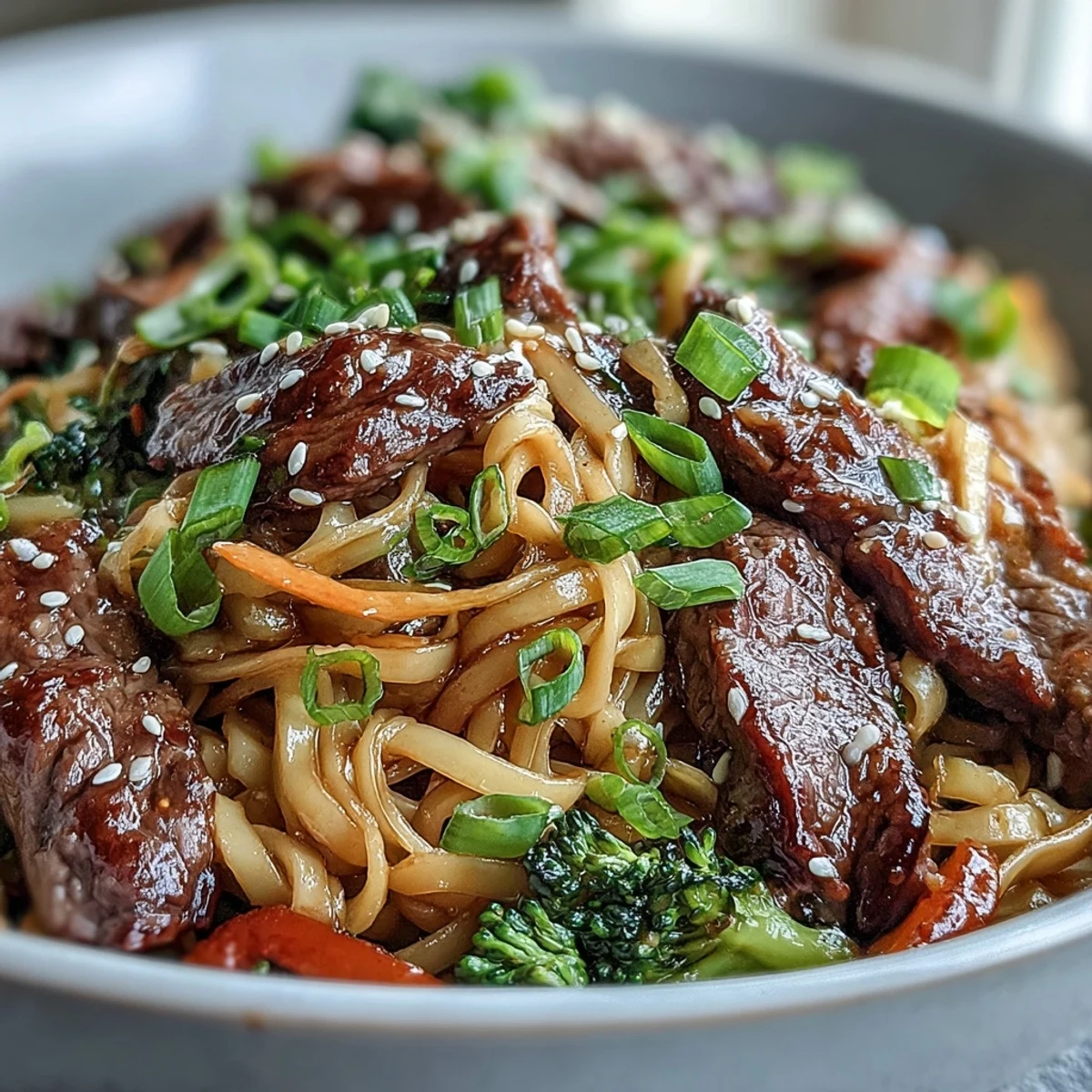 Forkfuls of silky rice noodles, bell pepper, and carrots are coated in a savory soy-ginger glaze, garnished with green onions.