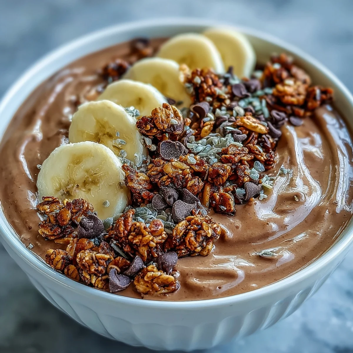Thick and creamy Chunky Monkey smoothie bowl topped with sliced bananas, granola, and chocolate chips.
