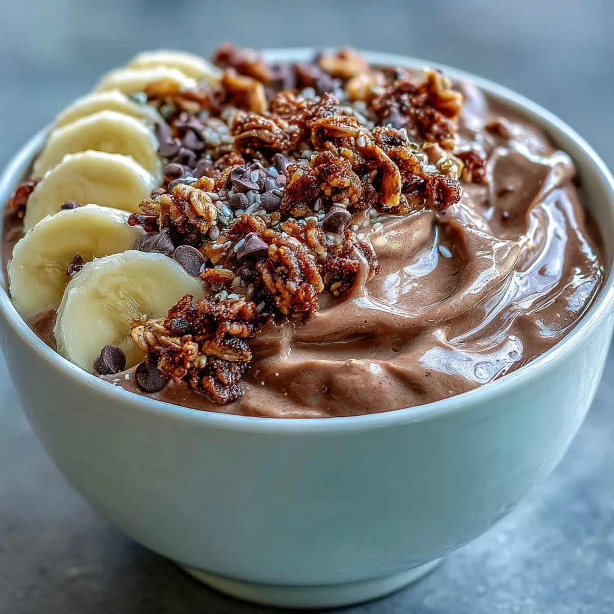 A vibrant breakfast bowl featuring Chunky Monkey smoothie base with cacao nibs and hemp seeds.
