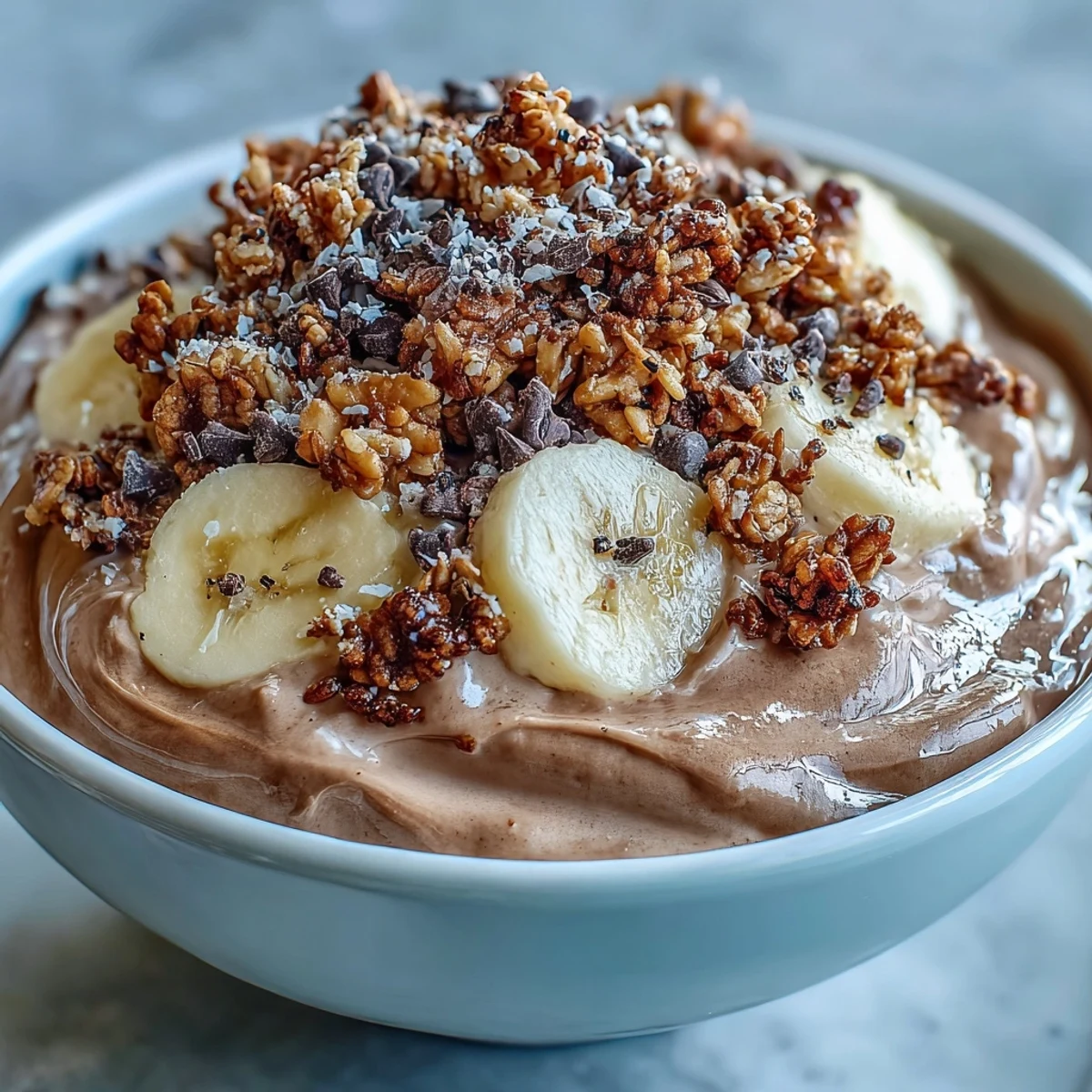 Chocolate and peanut butter Chunky Monkey smoothie bowl served with fresh banana slices for dipping.